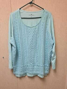 Woman Within Light Mint Lace-Front Long Sleeve Tee